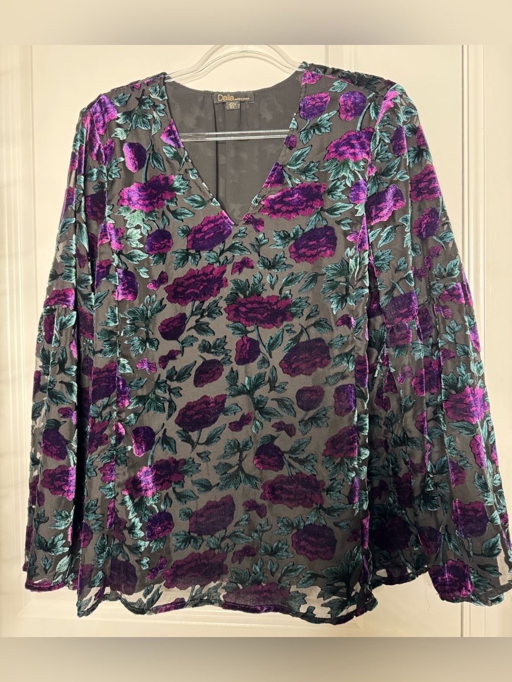 Dalia Purple and Teal floral Velvet Burnout V-Neck Blouse sheer sleeves Sz LG